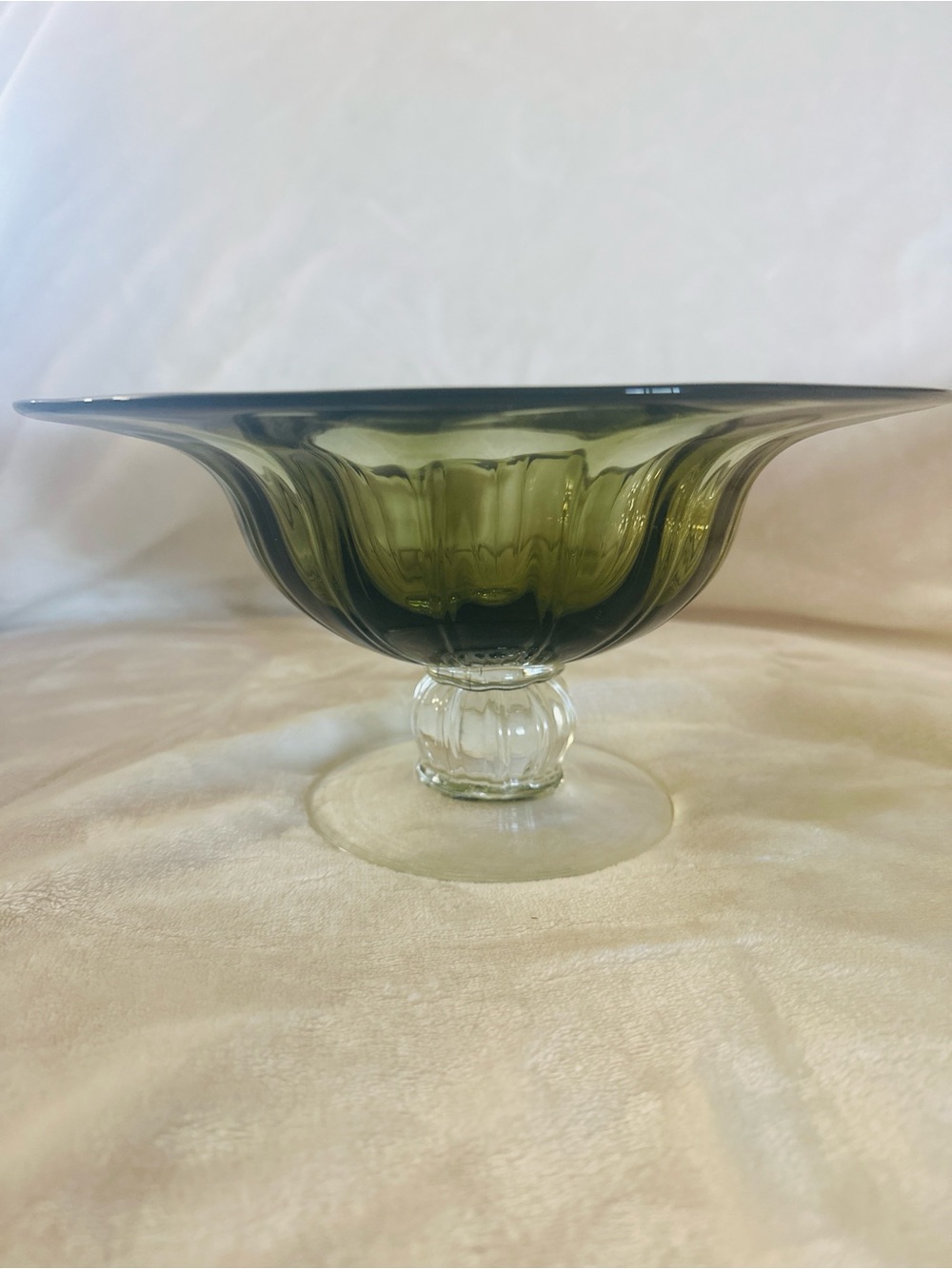 Vintage Green Glass Compote Pedestal Bowl